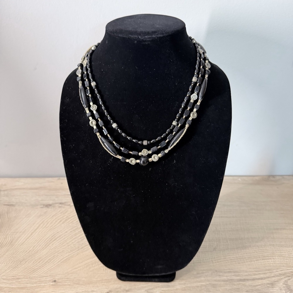 Black Gold Tone Layered Beaded Necklace Goth Boho Dark Academia Grunge Style
